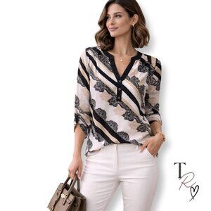 New York & Company Paisley Printed Blouse Black Ivory Tan Size Small